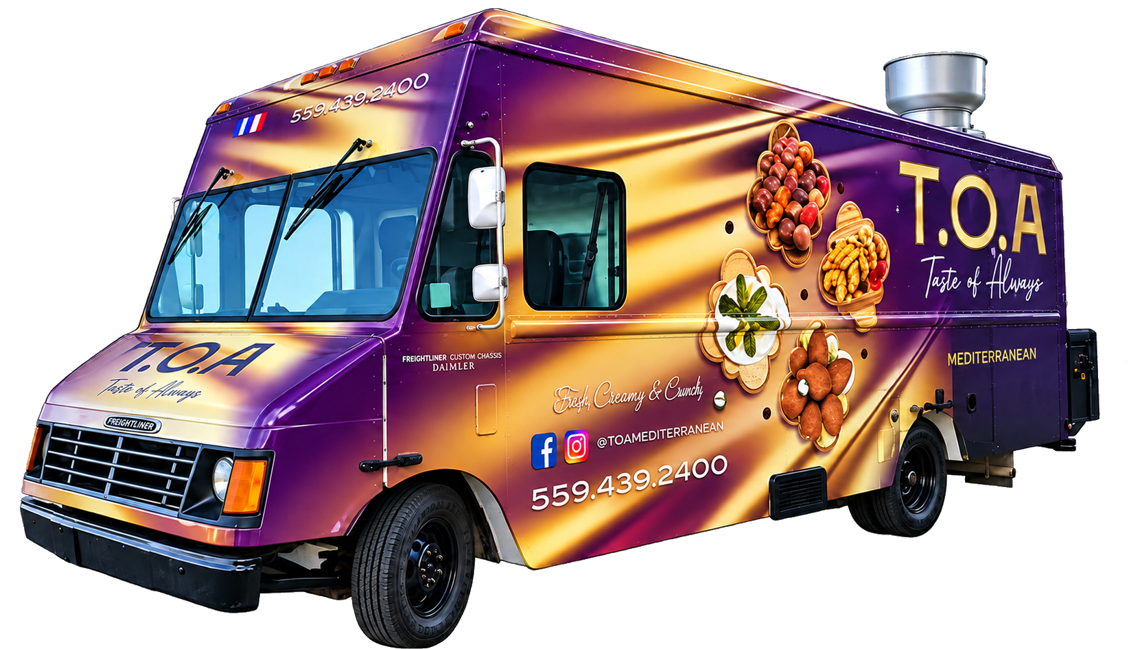 Completed purple and gold T.O.A. Mediterranean food truck